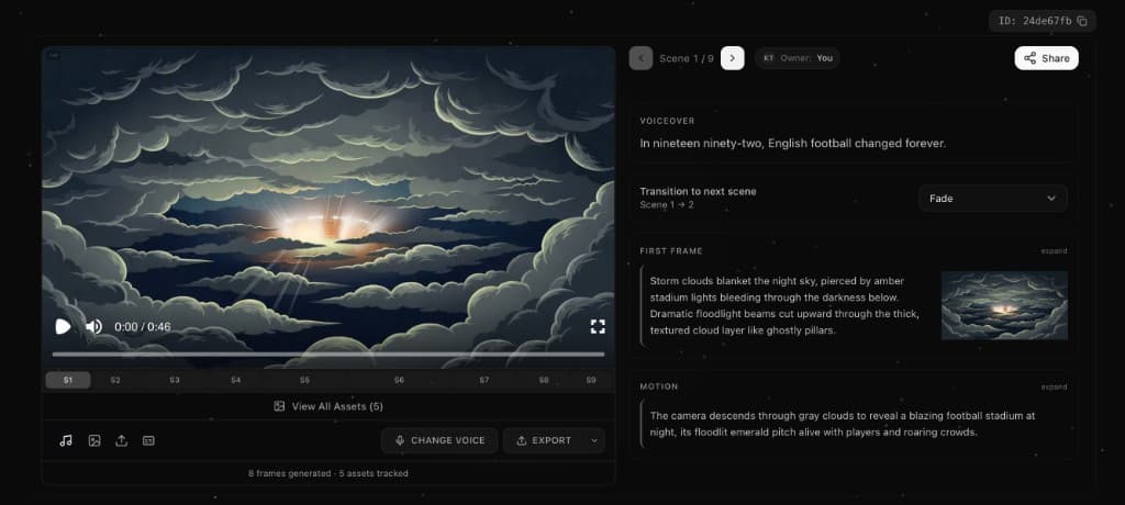 Storyboard viewer showing voiceover, first frame, and motion prompts for each scene