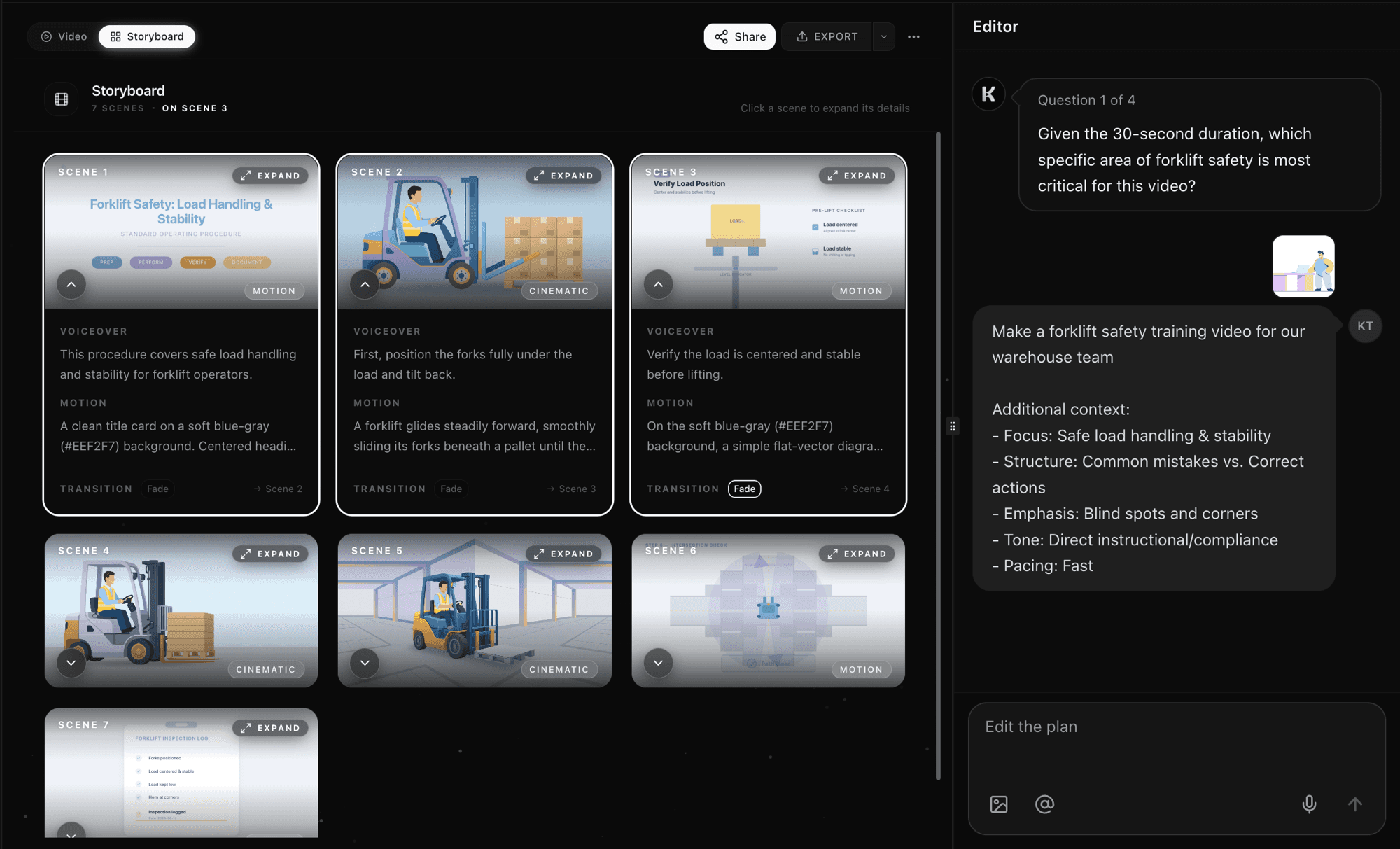 Storyboard viewer showing voiceover, first frame, and motion prompts for each scene
