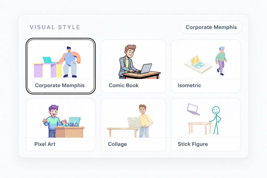 Visual style selector: Corporate Memphis, Comic Book, Isometric, Pixel Art, Collage, Stick Figure